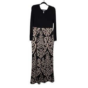 GRECERELLE Dress Womens Large Black Geometric Empire Waist Long Sleeve Maxi Boho